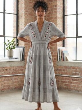 NEW! Young Threads Bobo Gray Embroidered V-Neck Maxi Dress